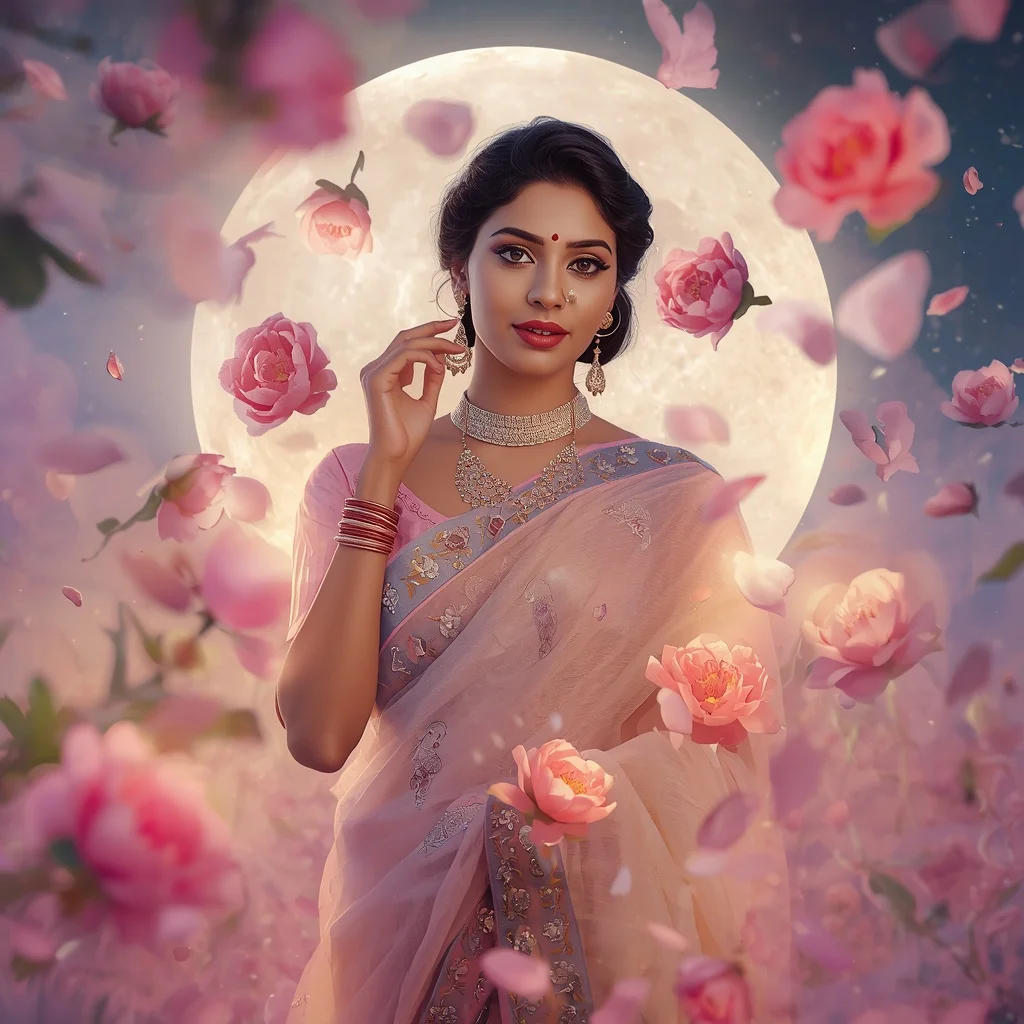 Festive Pastel Saree Floating Peony Moon Sanctuary Collage Cinematic | Girls Trending Prompt Gemini Instagram