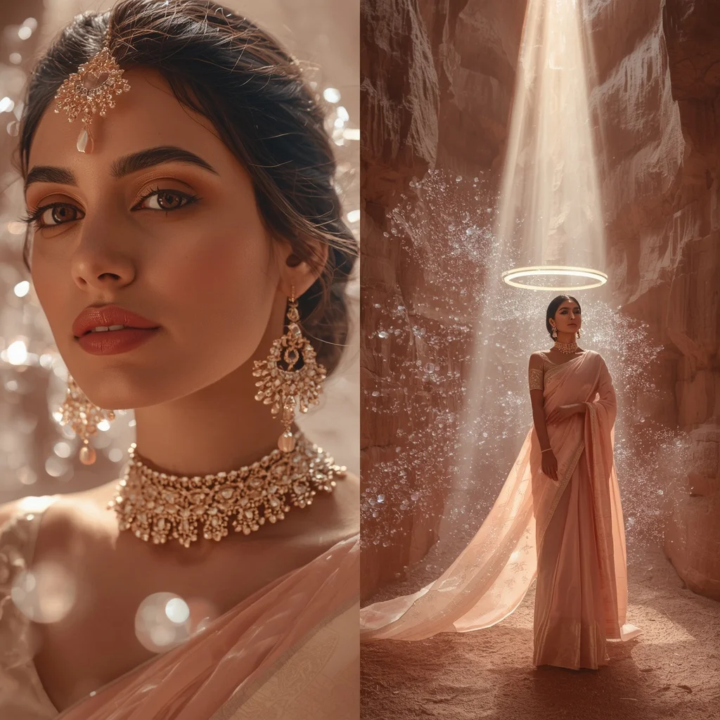 Festive Pastel Saree Floating Quartz Halo Canyon Collage | Instagram Reel Ai Prompt