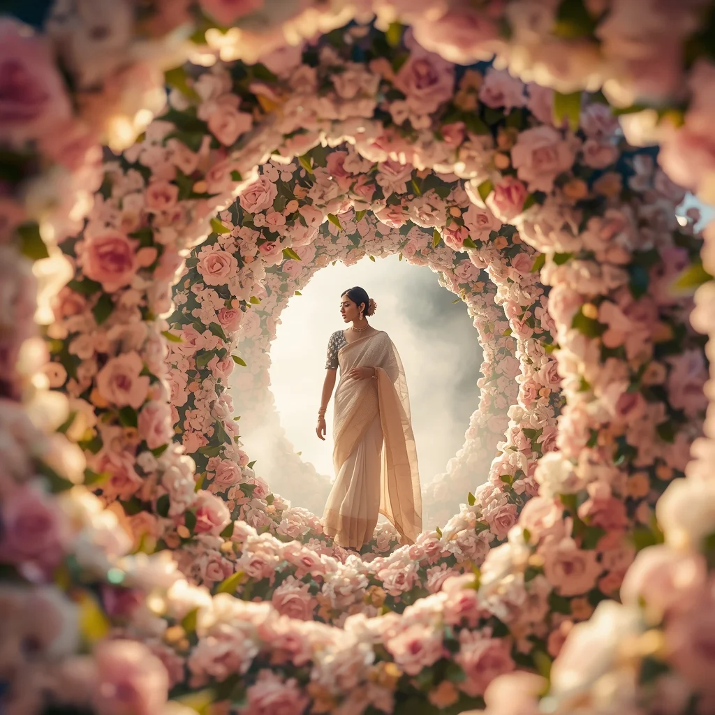 Festive Pastel Saree Floral Corridor Collage | Indian Girl Bloom Depth Aesthetic Soft Cinematic Viral Prompt | Traditional Saree Ai Prompt