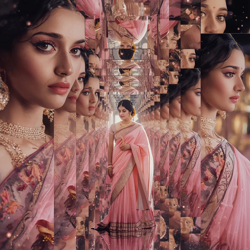 Festive Pastel Saree Fractal Mirror Universe Collage | Indian Girl Infinite Recursive Reflection Cinematic Viral Prompt | Stylish Prompt For Girls