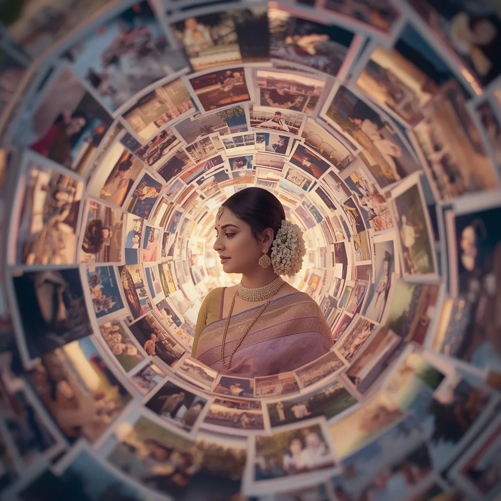 Festive Pastel Saree Fragmented Memory Photograph Void Collage | Female Model Ai Prompt