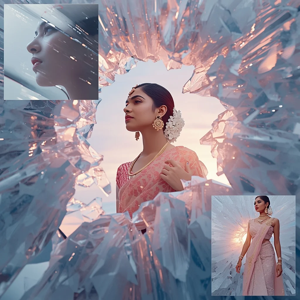 Festive Pastel Saree Frozen Prism Fracture Collage Premium Cinematic | Gemini Saree Prompt For Women
