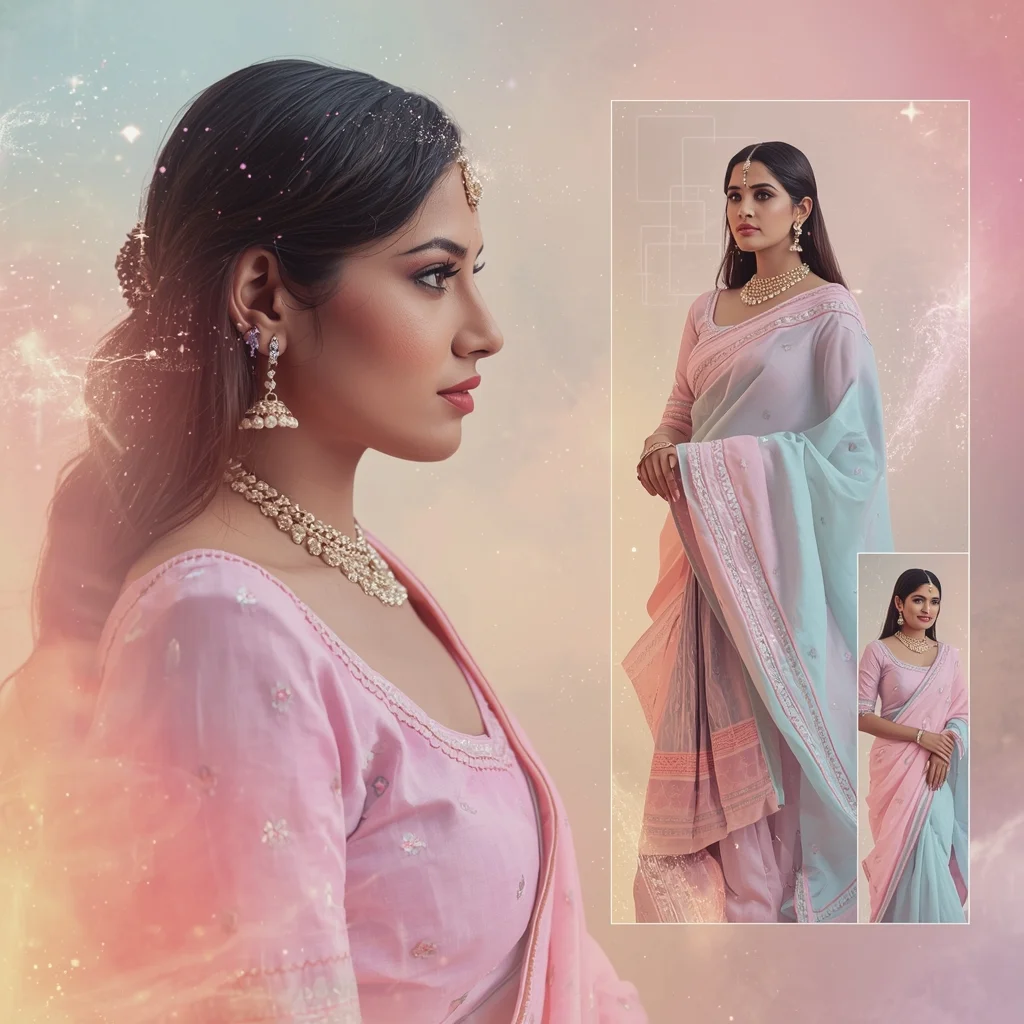 Festive Pastel Saree Galaxy Dream Collage | Indian Girl Cosmic Aesthetic Soft Glow Cinematic Ultra Realistic Viral Prompt | Cinematic Saree Ai Prompt