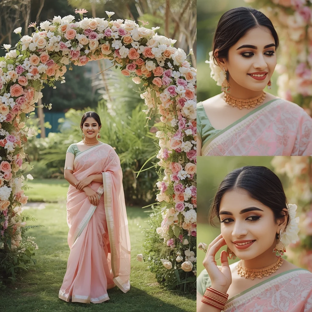 Festive Pastel Saree Garden Arch Collage | Indian Girl Floral Entry Aesthetic Soft Cinematic Viral Prompt | Indian Bride Saree Ai Prompt