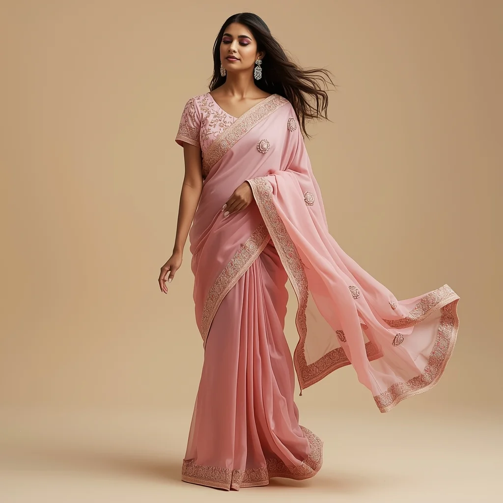 Festive Pastel Saree Girl Soft Forward Glide with Hand Flow Pose | Saree Profile Pic Ai Prompt