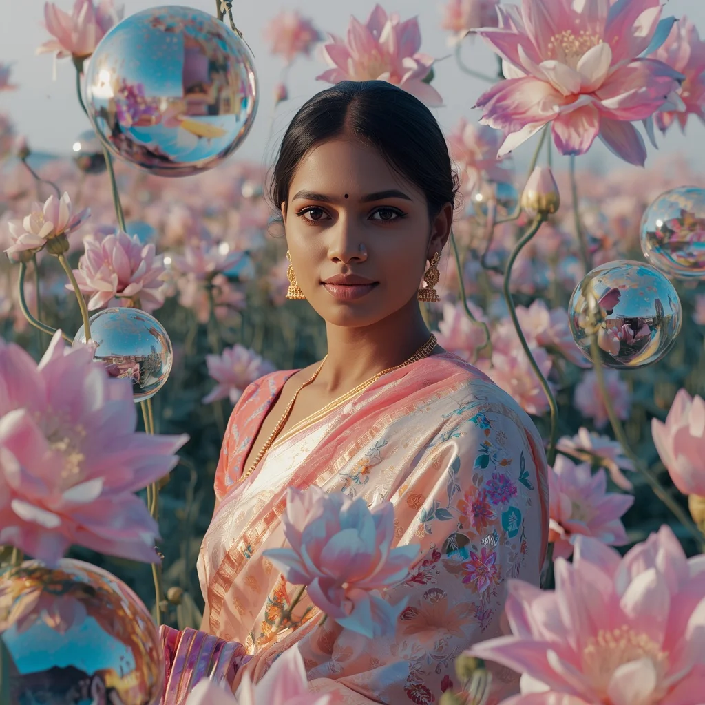 Festive Pastel Saree Glass Gardenia Reflection Field Collage Premium Cinematic | Wedding Ai Prompt