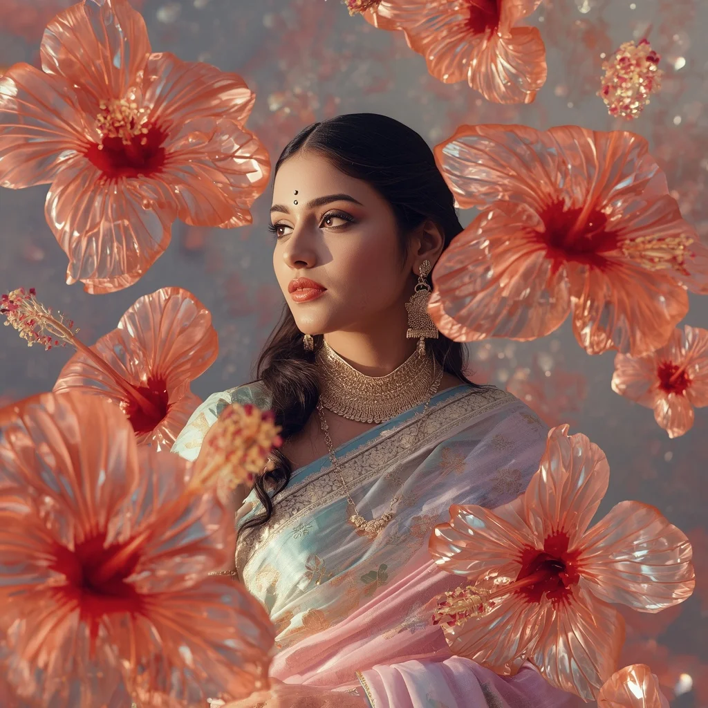 Festive Pastel Saree Glass Hibiscus Reflection Field Collage Premium Cinematic | Female Model Ai Prompt
