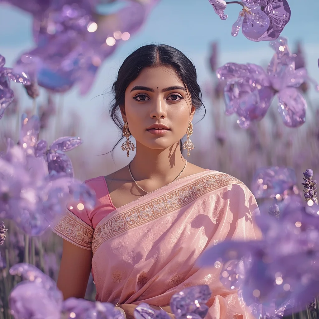 Festive Pastel Saree Glass Lavender Reflection Field Collage Premium Cinematic | Prompt Seen Trending Girl