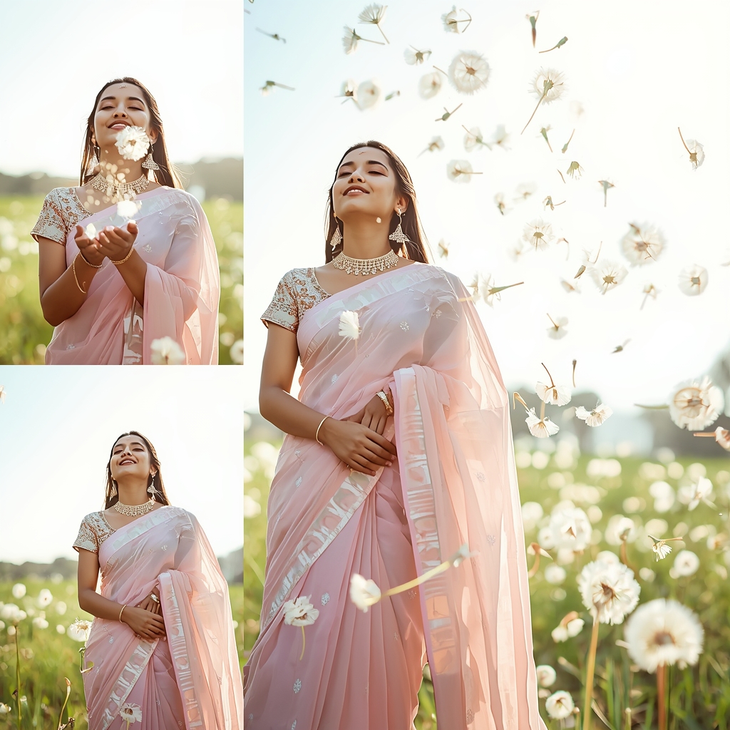 Festive Pastel Saree Glowing White Dandelion Seeds | Traditional Saree Ai Prompt