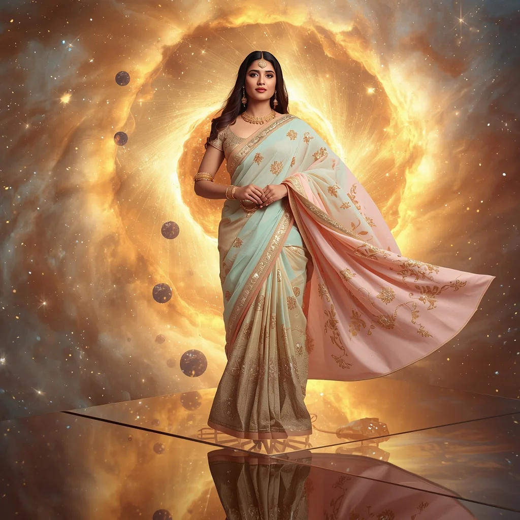 Festive Pastel Saree Golden Aurora Nebula Vortex Collage | Eternal Supreme Prompt | Gemini Saree Prompt Text