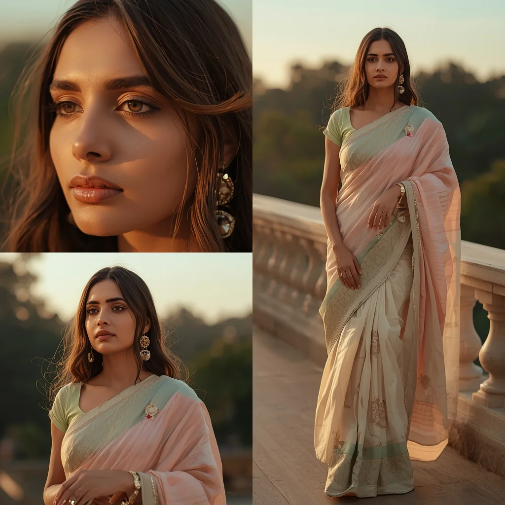 Festive Pastel Saree Golden Hour Outdoor Luxury Portrait Collage | Natural Glow Prompt | Saree Selfie Ai Prompt