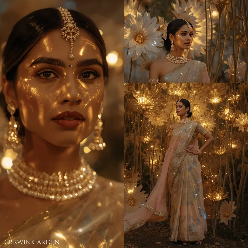 Festive Pastel Saree Golden Nebula Crown Garden Collage | Chatgpt Photo Editing Styles For Girl