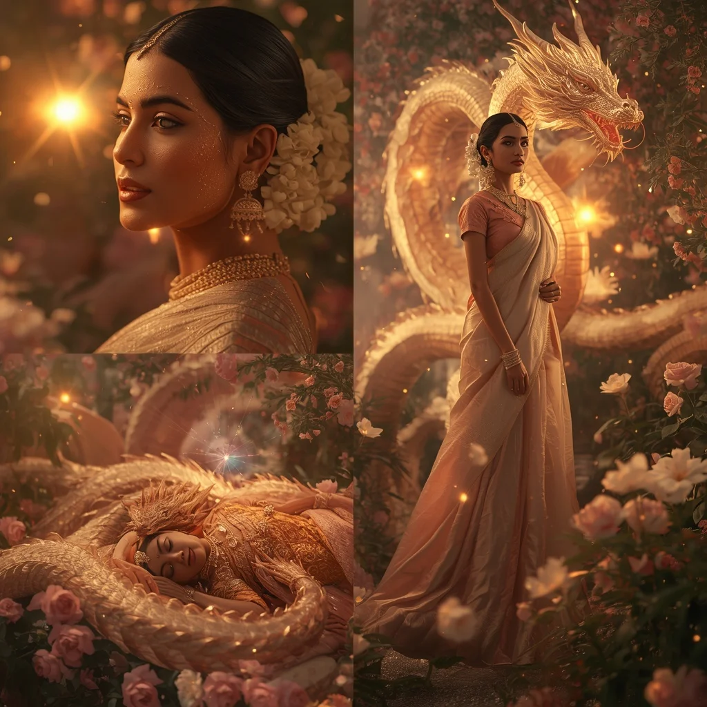 Festive Pastel Saree Golden Nebula Dragon Garden Collage | Art Ai Prompt