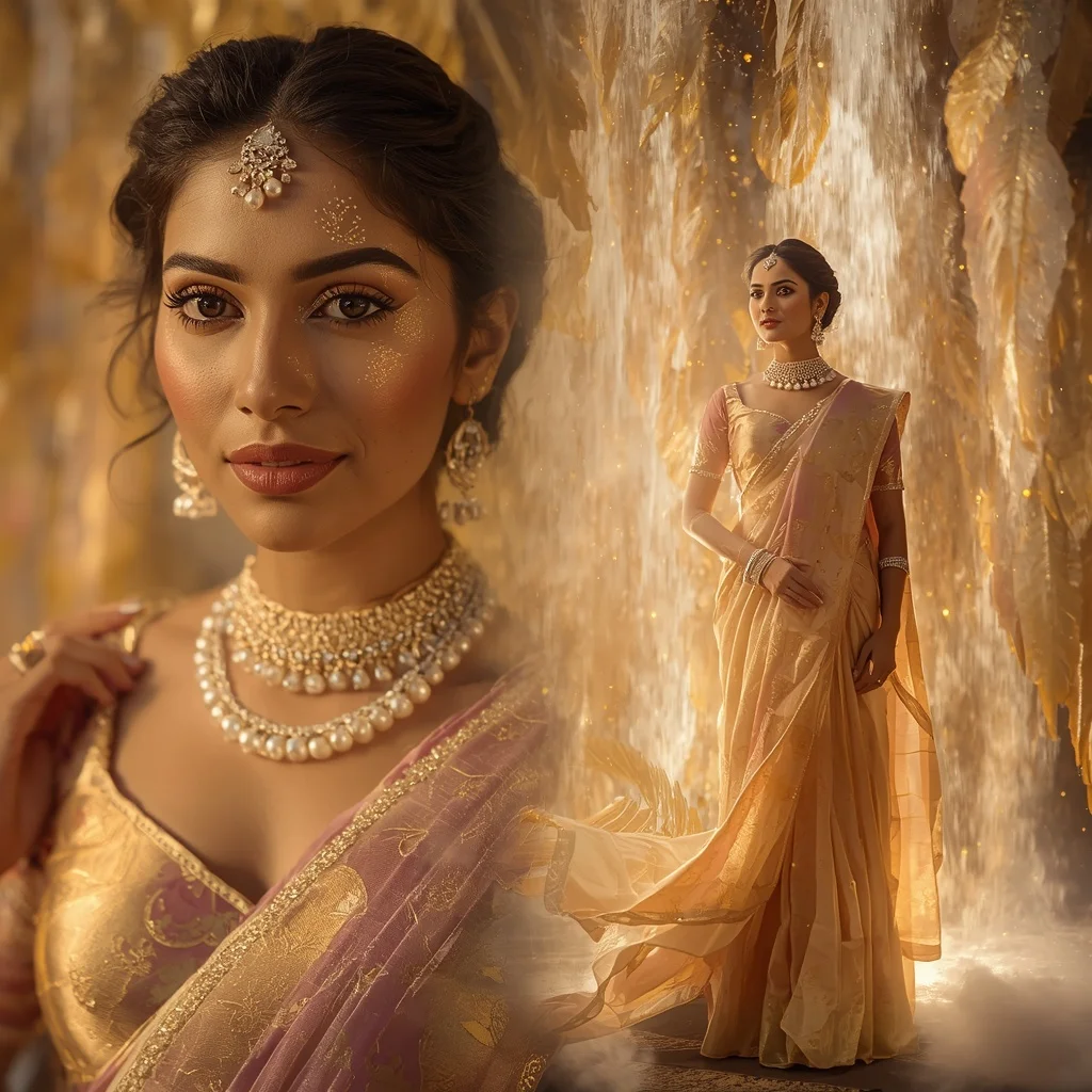 Festive Pastel Saree Golden Nebula Feather Waterfalls Collage | Female Model Ai Prompt