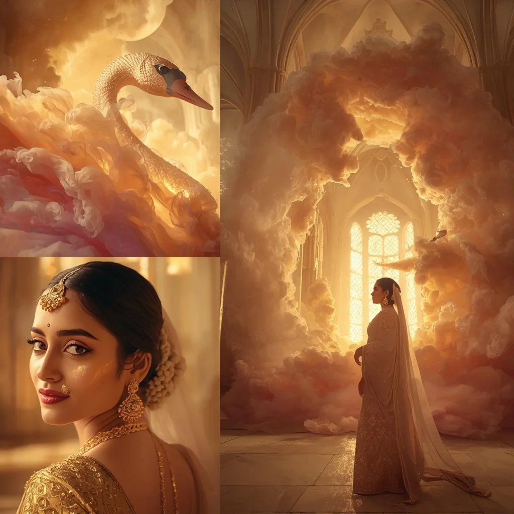 Festive Pastel Saree Golden Nebula Swan Cathedral Collage | Best Ai Prompt 2026