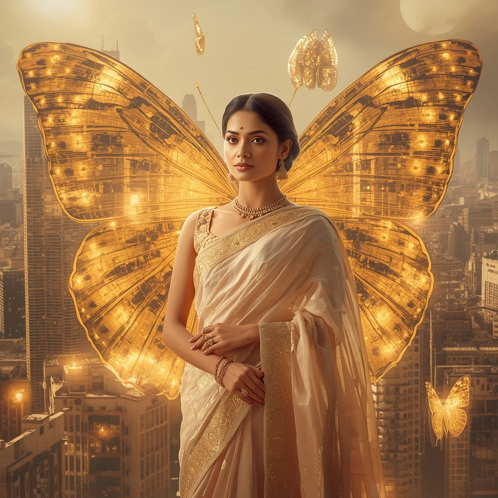 Festive Pastel Saree Golden Solar Butterfly Megacity Collage | Gemini Ai Prompt For Instagram