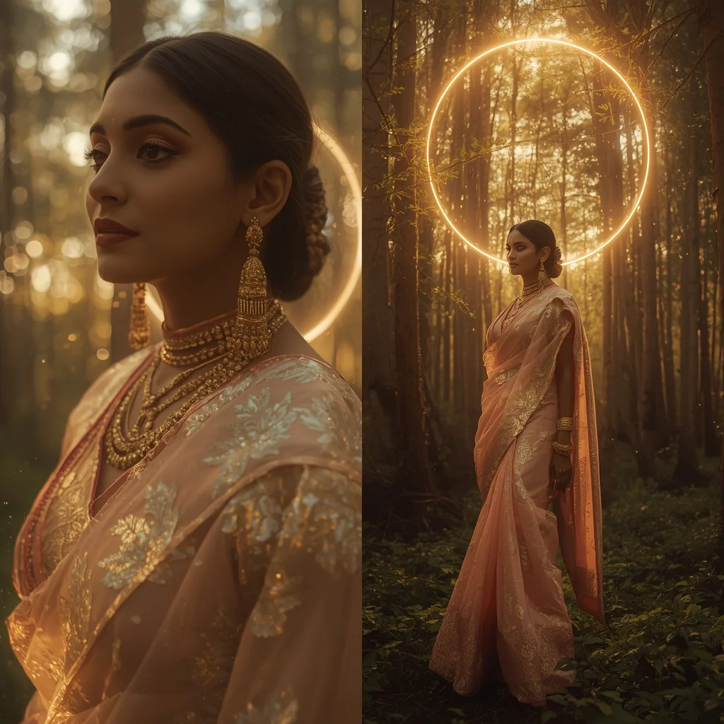 Festive Pastel Saree Golden Solar Halo Forest Collage | Indian Girl Ai Prompt