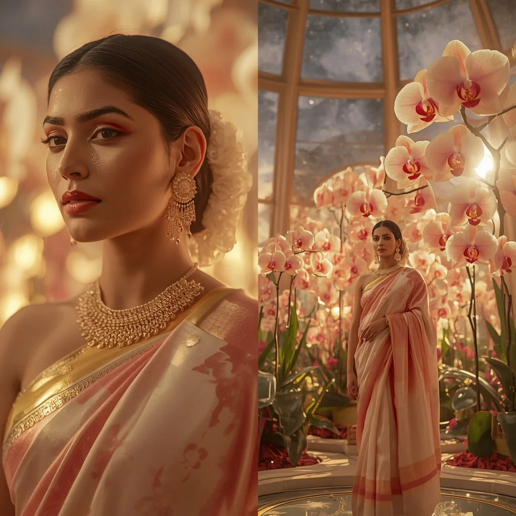 Festive Pastel Saree Golden Solar Orchid Observatory Collage | Travel Ai Prompt