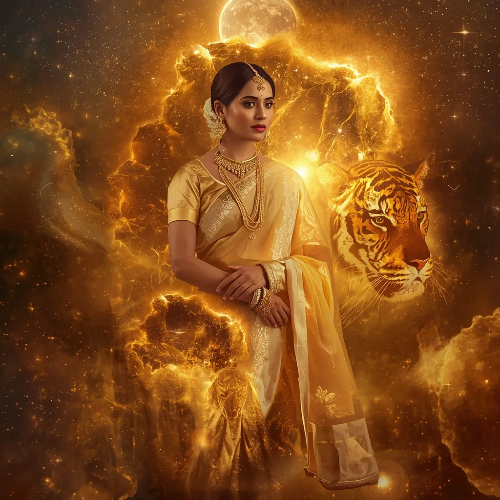 Festive Pastel Saree Golden Solar Tiger Nebula Collage | Makeup Ai Prompt