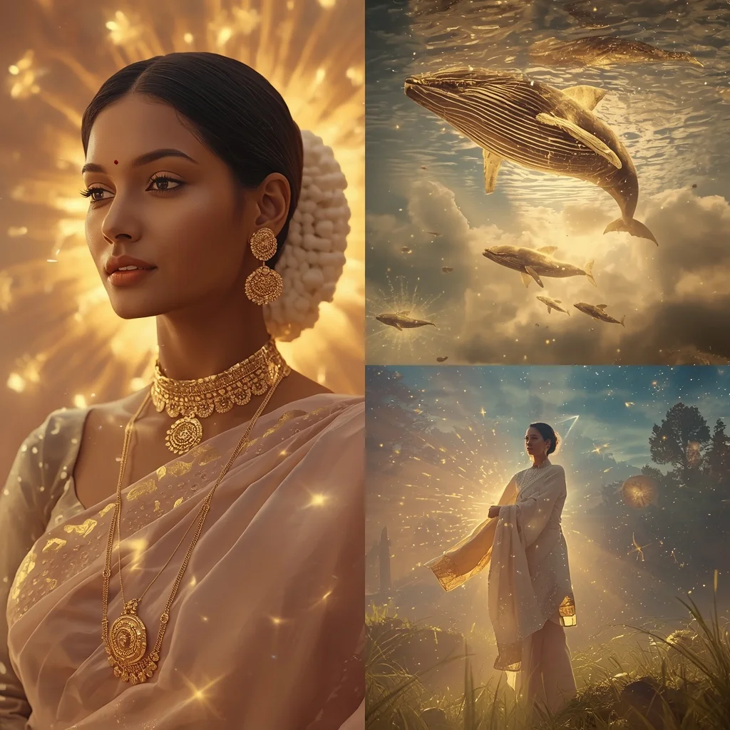Festive Pastel Saree Golden Solar Whale Sanctuary Collage | Woman Pose Ai Prompt