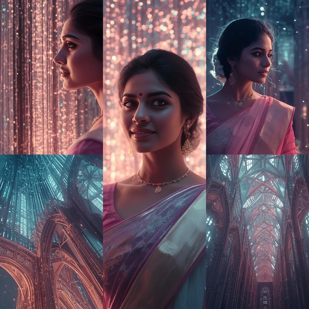 Festive Pastel Saree Gothic Data Packet Cathedral Collage | Woman Pose Ai Prompt