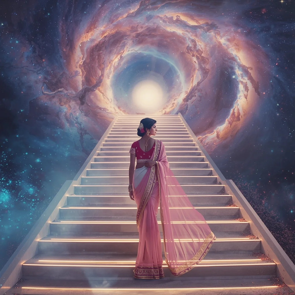 Festive Pastel Saree Grand Infinite Cosmic Staircase Collage | Majestic Nebula Prompt | Indian Girl Saree Ai Prompt 4k Realistic