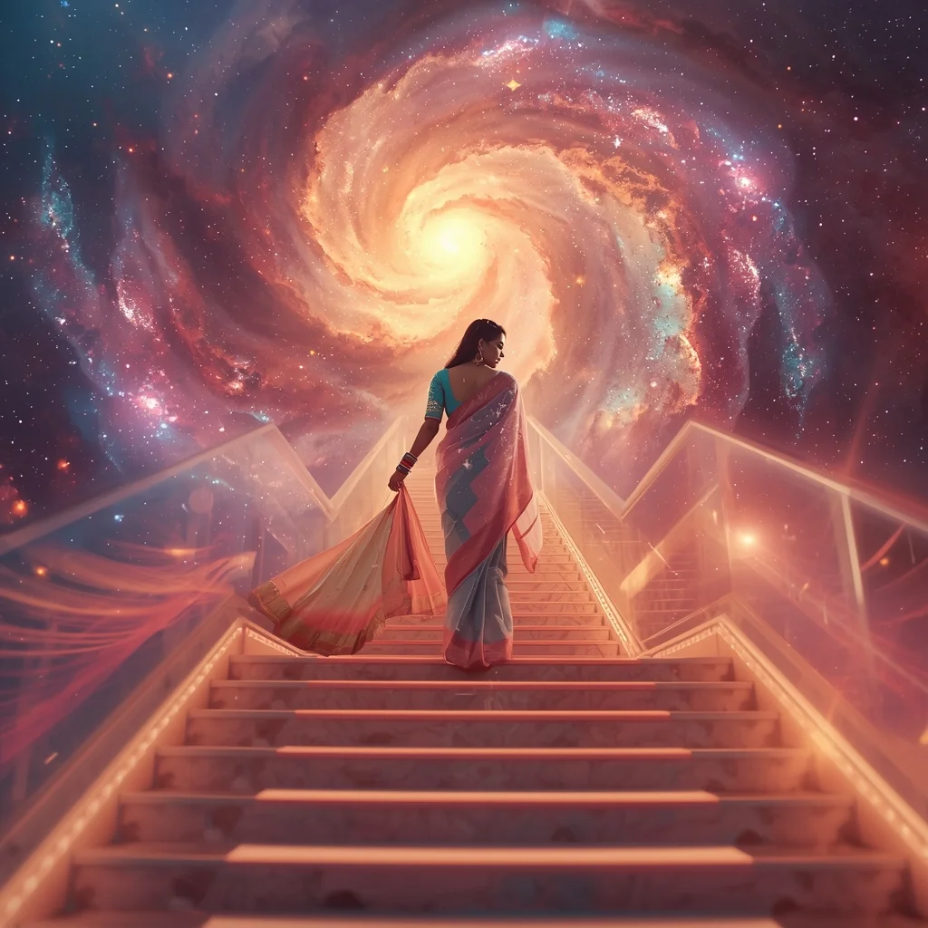 Festive Pastel Saree Grand Infinite Cosmic Staircase Collage | Majestic Nebula Prompt | Saree Dp Ai Prompt