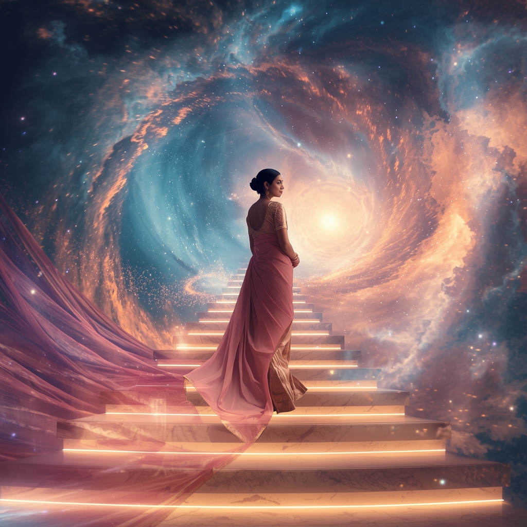 Festive Pastel Saree Grand Infinite Cosmic Staircase Collage | Majestic Nebula Prompt | Saree Whatsapp Dp Ai Prompt