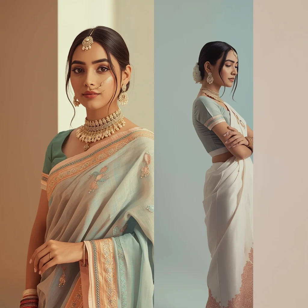 Festive Pastel Saree Half Traditional Half Modern Collage | Indian Girl Dual Style Aesthetic Cinematic Viral Prompt | Beautiful Saree Girl Ai Prompt Cinematic