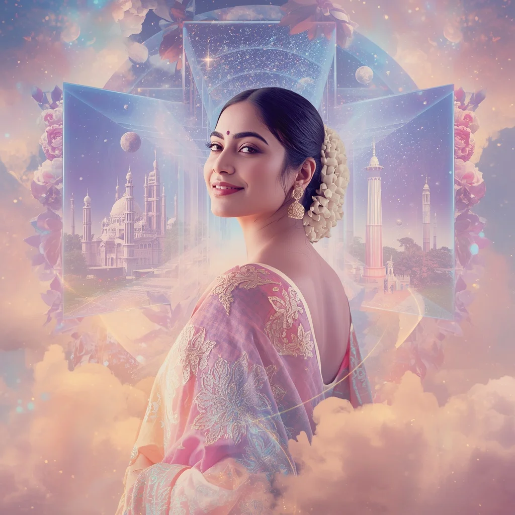 Festive Pastel Saree Halo Bloom Celestial Dream Kingdom Collage Cinematic | Trending Prompt In Instagram Ai Photo Girls
