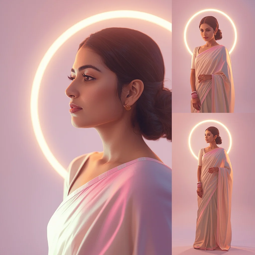 Festive Pastel Saree Halo Glow Collage | Indian Girl Radiant Aura Aesthetic Soft Cinematic Viral Prompt | Saree Prompt For Women