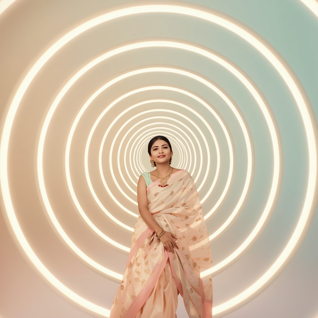 Festive Pastel Saree Halo Rings Perspective Depth Collage Cinematic | Art Ai Prompt