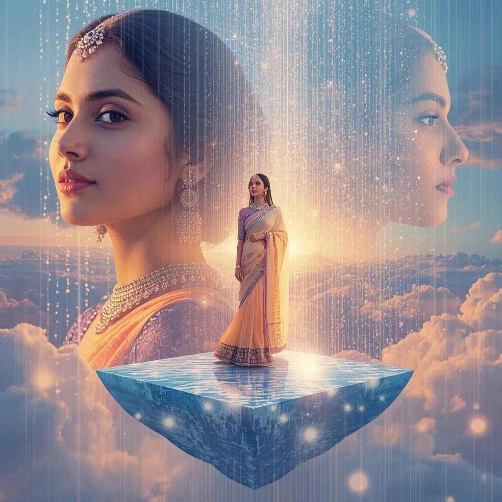 Festive Pastel Saree Heavenly Celestial Mirror Island Collage | Enchanted Crystal Rain Prompt | Gemini Ai Saree Photo
