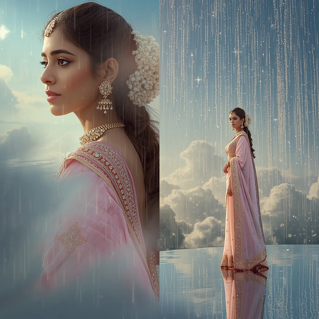 Festive Pastel Saree Heavenly Celestial Mirror Island Collage | Enchanted Crystal Rain Prompt | Saree Prompt