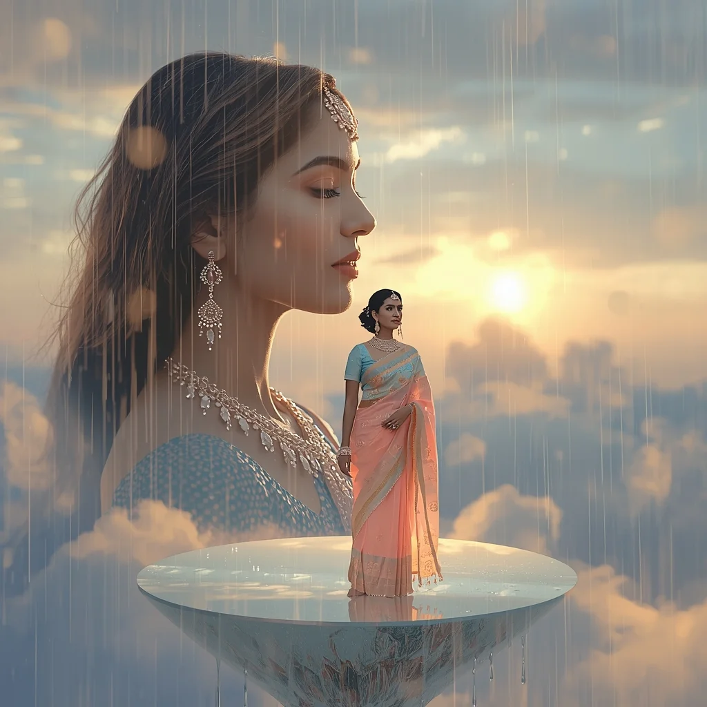 Festive Pastel Saree Heavenly Celestial Mirror Island Collage | Enchanted Crystal Rain Prompt | Wedding Saree Ai Prompt