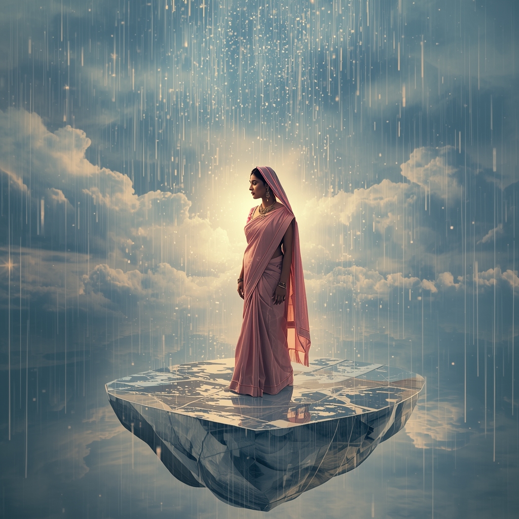 Festive Pastel Saree Heavenly Celestial Mirror Island Collage | Enchanted Rain Prompt | Gemini Ai Saree Photo