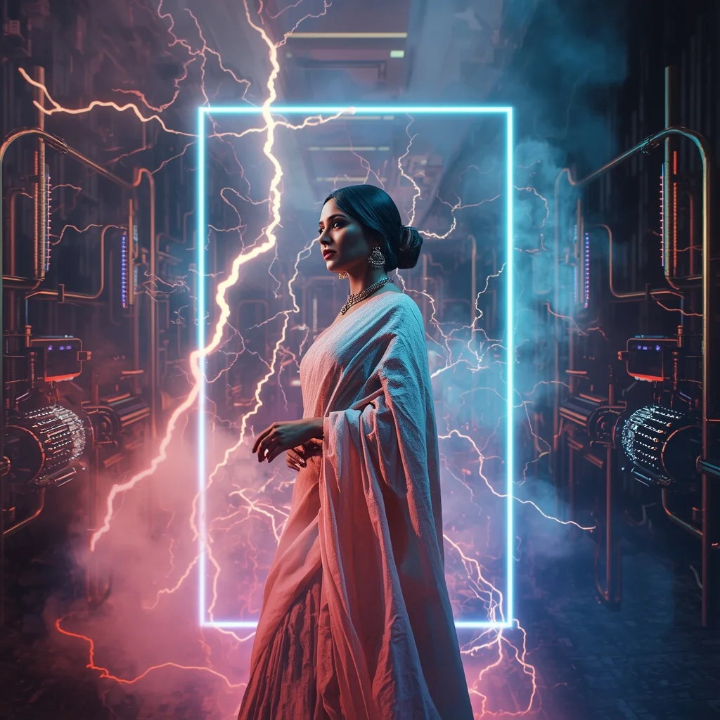 Festive Pastel Saree High-Voltage Plasma Lightning and Tesla Coil Collage Luxury Cinematic | Desi Saree Ai Prompt