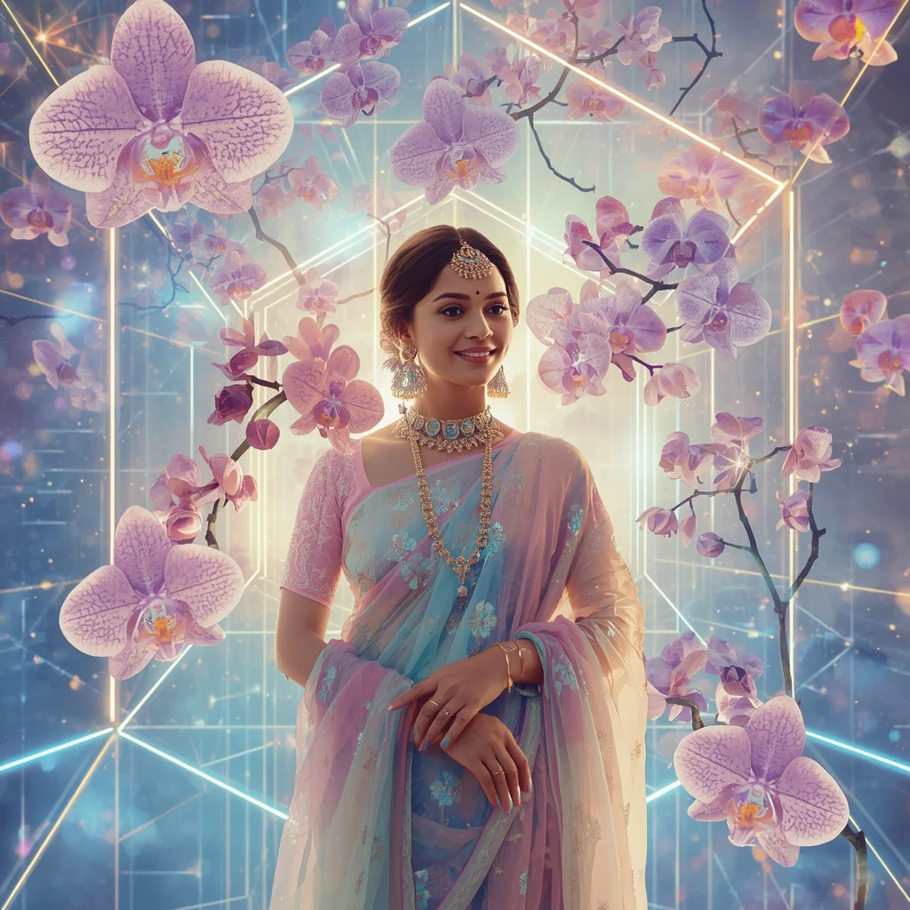 Festive Pastel Saree Holographic Celestial Orchid Matrix Collage Modern Cinematic | Prompt Seen Girl Photo Editing Trending