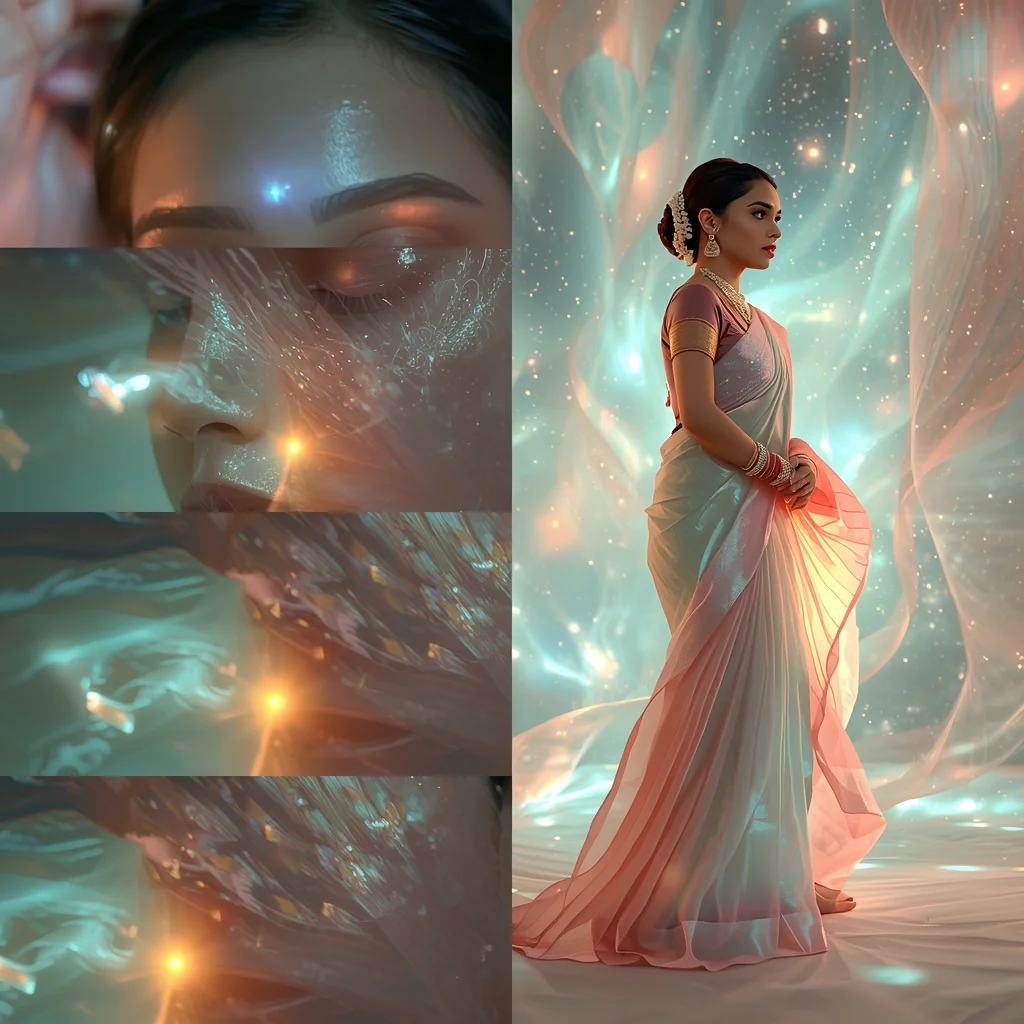 Festive Pastel Saree Hyperfluid Light Fabric Cosmos Bloom Collage Prompt | Saree Profile Pic Ai Prompt