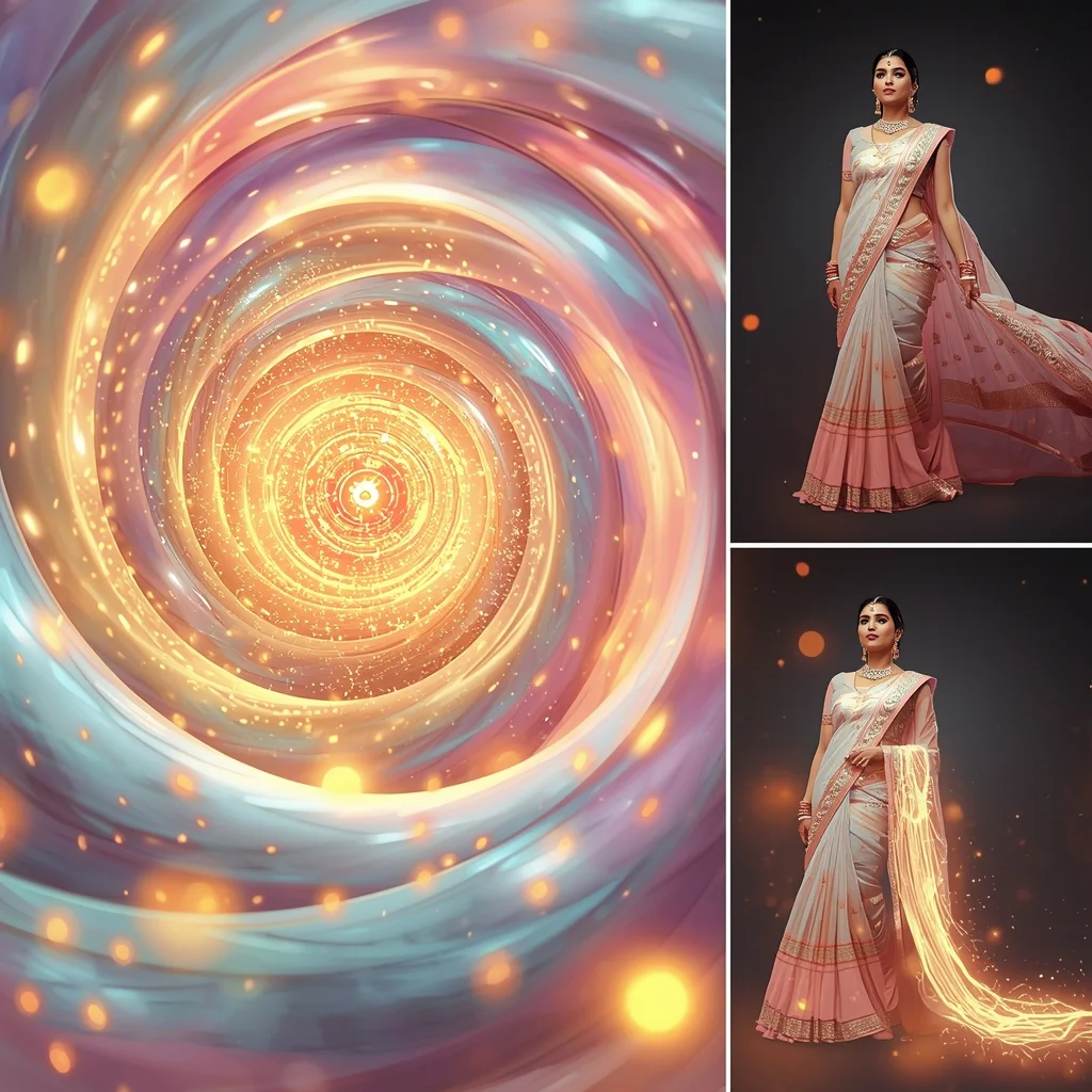 Festive Pastel Saree Hypnotic Ripple Vortex Energy Core Collage | Mesmerizing Glow Prompt | Cinematic Saree Ai Prompt