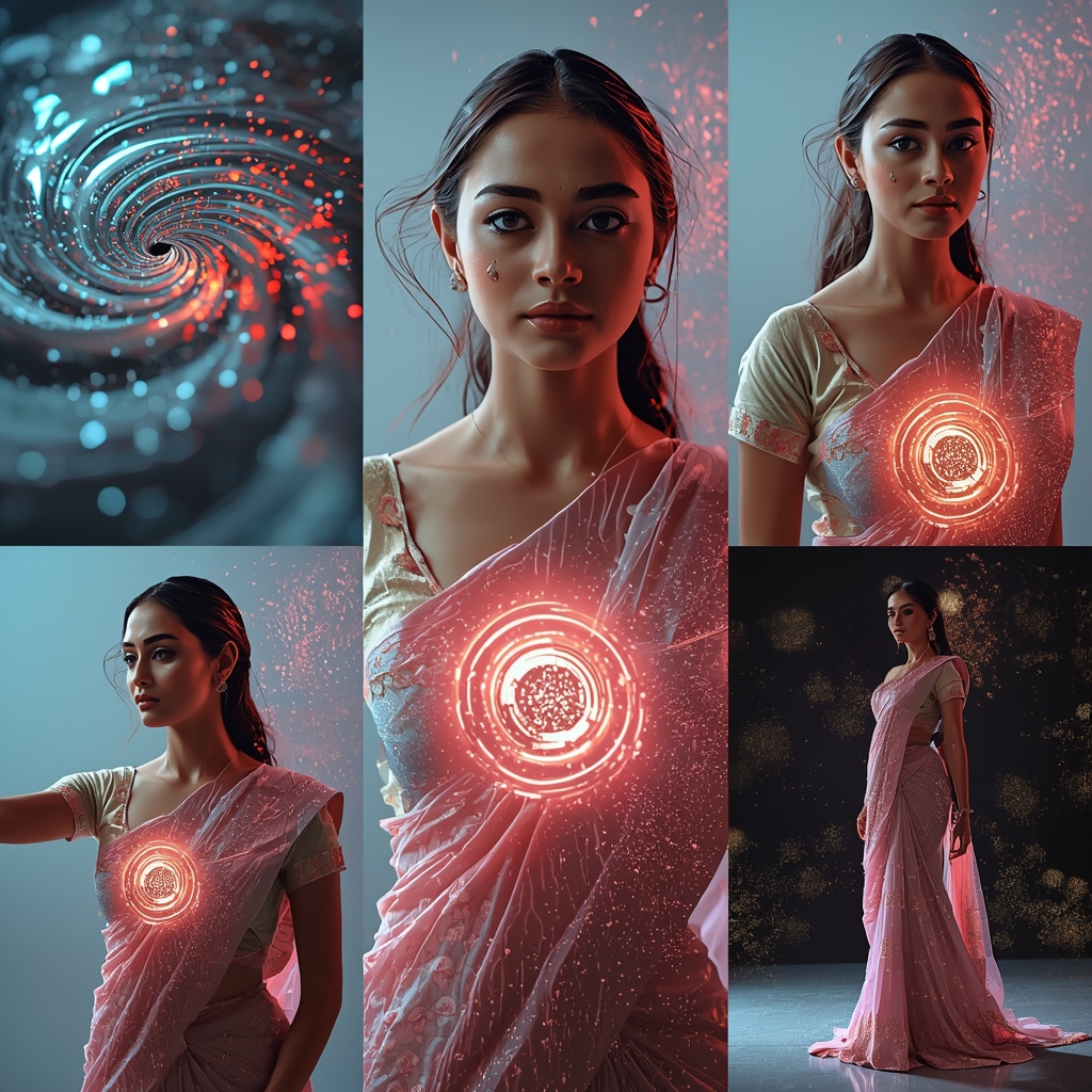 Festive Pastel Saree Hypnotic Ripple Vortex Energy Core Collage | Mesmerizing Glow Prompt | Gemini Ai Saree Prompt