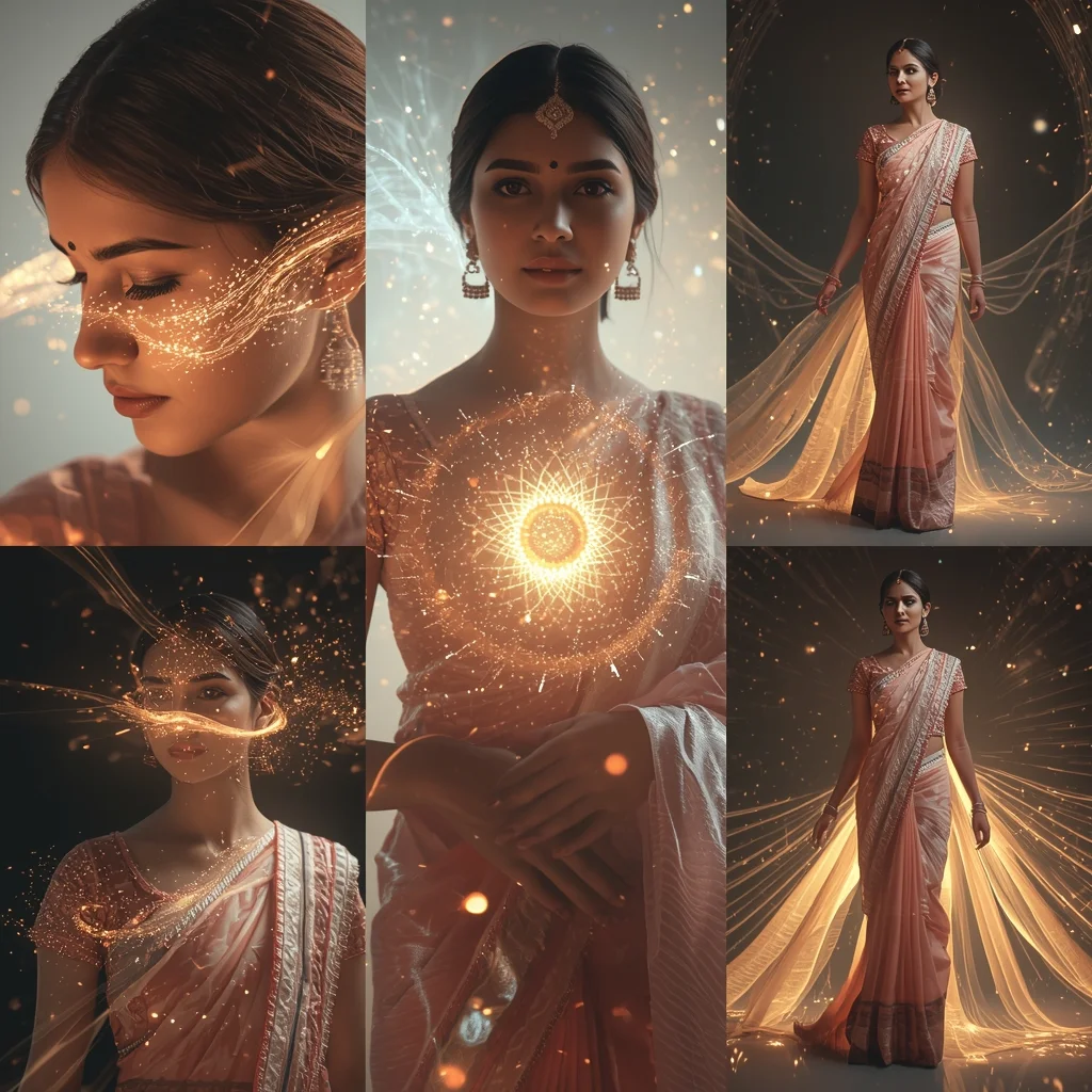 Festive Pastel Saree Hypnotic Ripple Vortex Energy Core Collage | Mesmerizing Glow Prompt | Modern Saree Ai Prompt