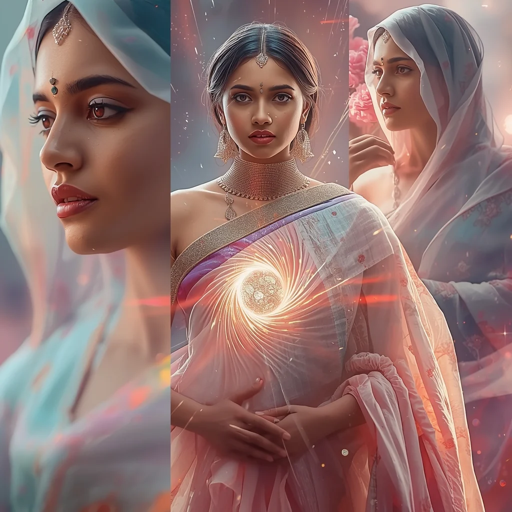 Festive Pastel Saree Hypnotic Ripple Vortex Energy Core Collage | Mesmerizing Glow Prompt | Saree Ai Prompt