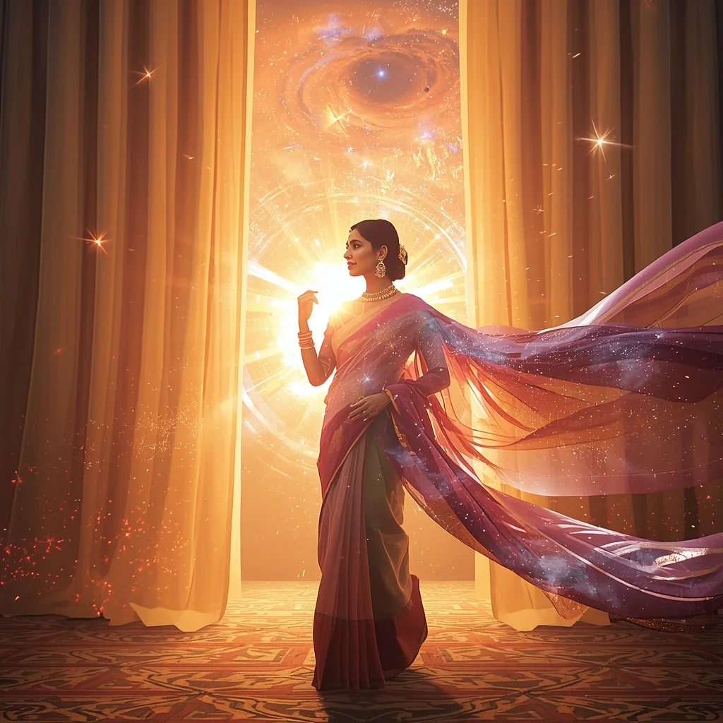 Festive Pastel Saree Imperial Cosmic Curtain Galaxy Burst Collage | Regal Symphony Prompt | Gemini Saree Ai Photo Prompt
