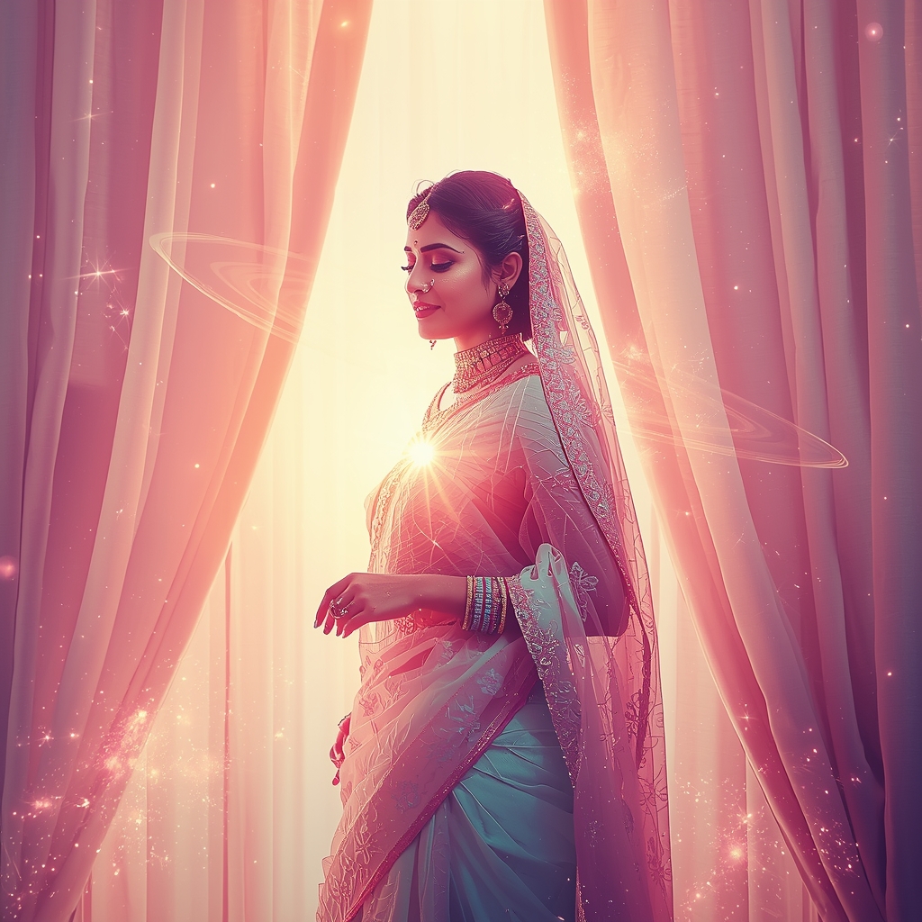 Festive Pastel Saree Imperial Cosmic Curtain Galaxy Burst Collage | Regal Symphony Prompt | Saree Aesthetic Ai Prompt For Pinterest