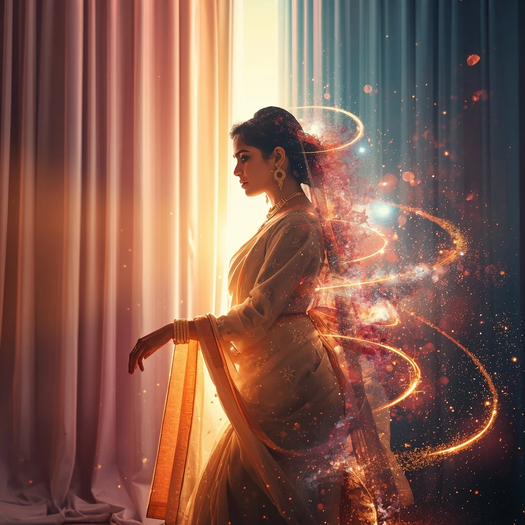 Festive Pastel Saree Imperial Cosmic Curtain Galaxy Burst Collage | Regal Symphony Prompt | Saree Pose Ai Prompt For Image Generation