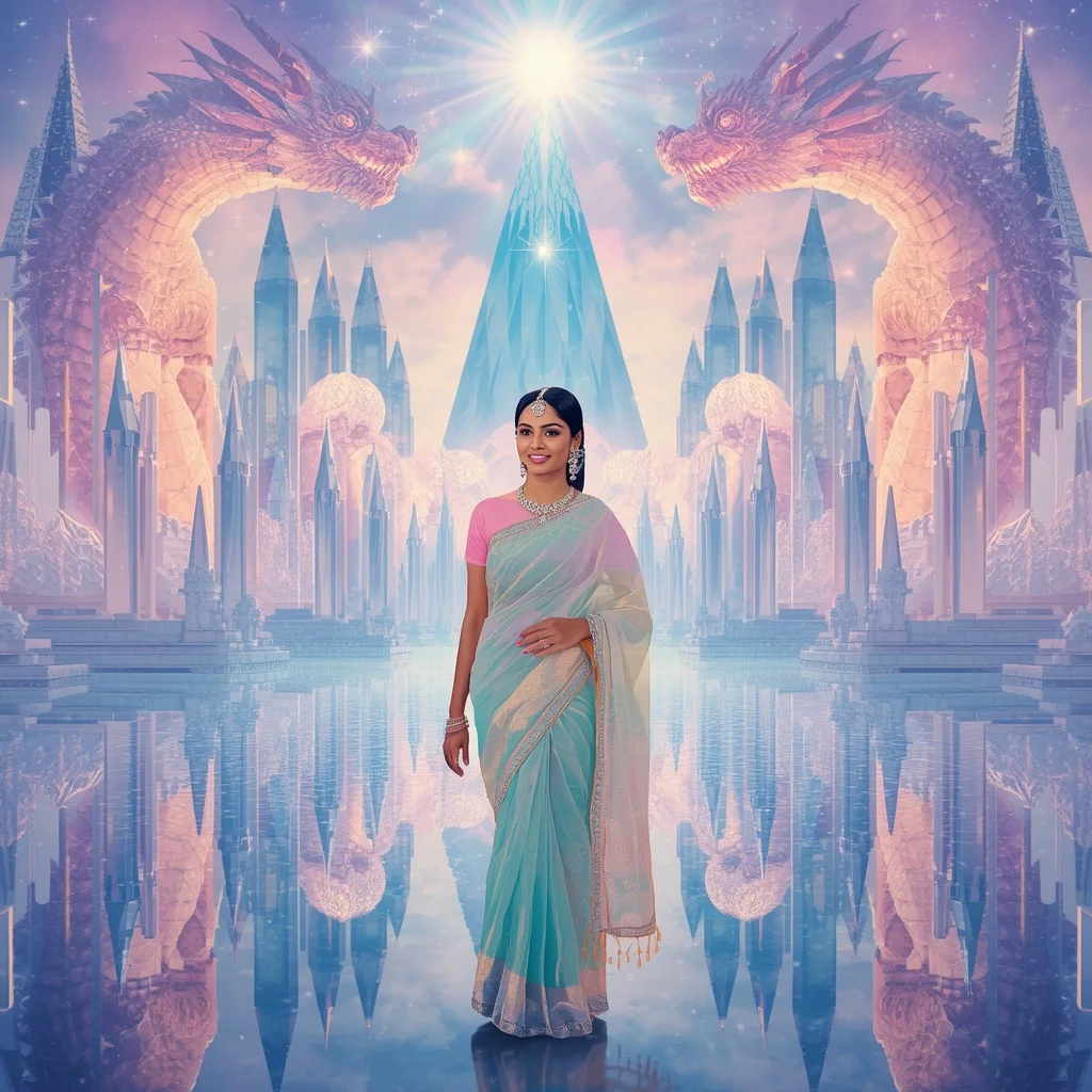 Festive Pastel Saree Infinite Aurora Crystal Dominion Collage Luxury | Character Design Ai Prompt