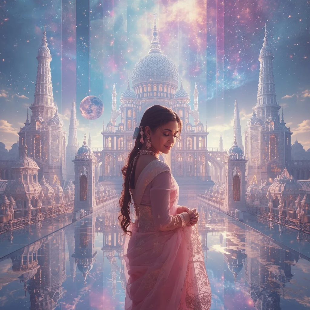 Festive Pastel Saree Infinite Celestial Crystal Dynasty Universe Collage Premium | South Indian Prompt For Gemini Girl Instagram