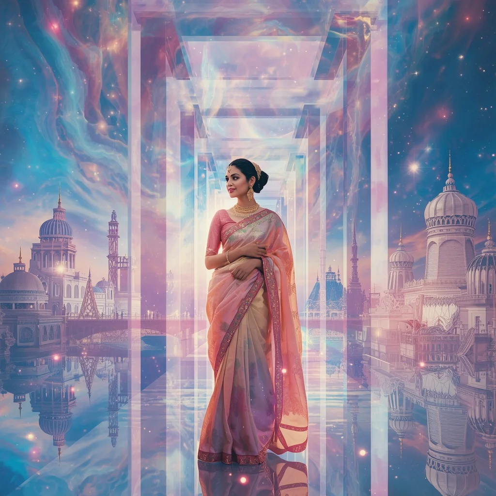Festive Pastel Saree Infinite Celestial Crystal Universe Collage Premium | Girl Prompt