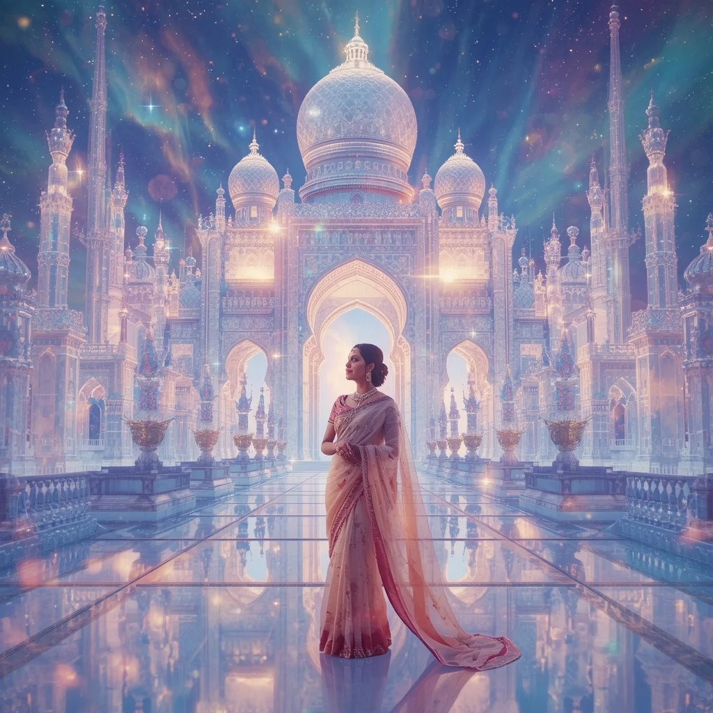 Festive Pastel Saree Infinite Crystal Aurora Celestial Realm Collage Premium | Instagram Viral Photo Prompt